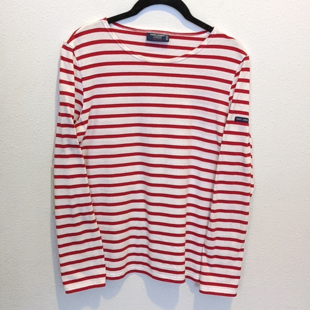 Saint James Minquiers Modern Breton Stripe Shirt in Red and White Stripe - 8